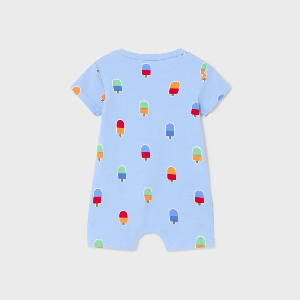 Mayoral Newborn 3-Pack Romper Papaya in light-blue; short sleeves, colorful popsicle print, laid flat to show fit.