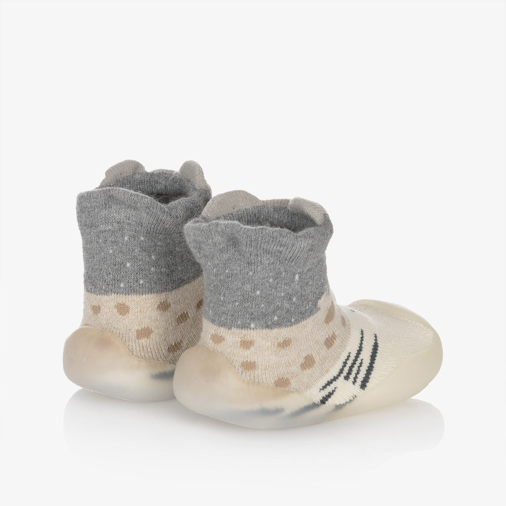 Mayoral newborn baby slipper socks—two gray knit socks with beige dotted band and cream grip soles.
