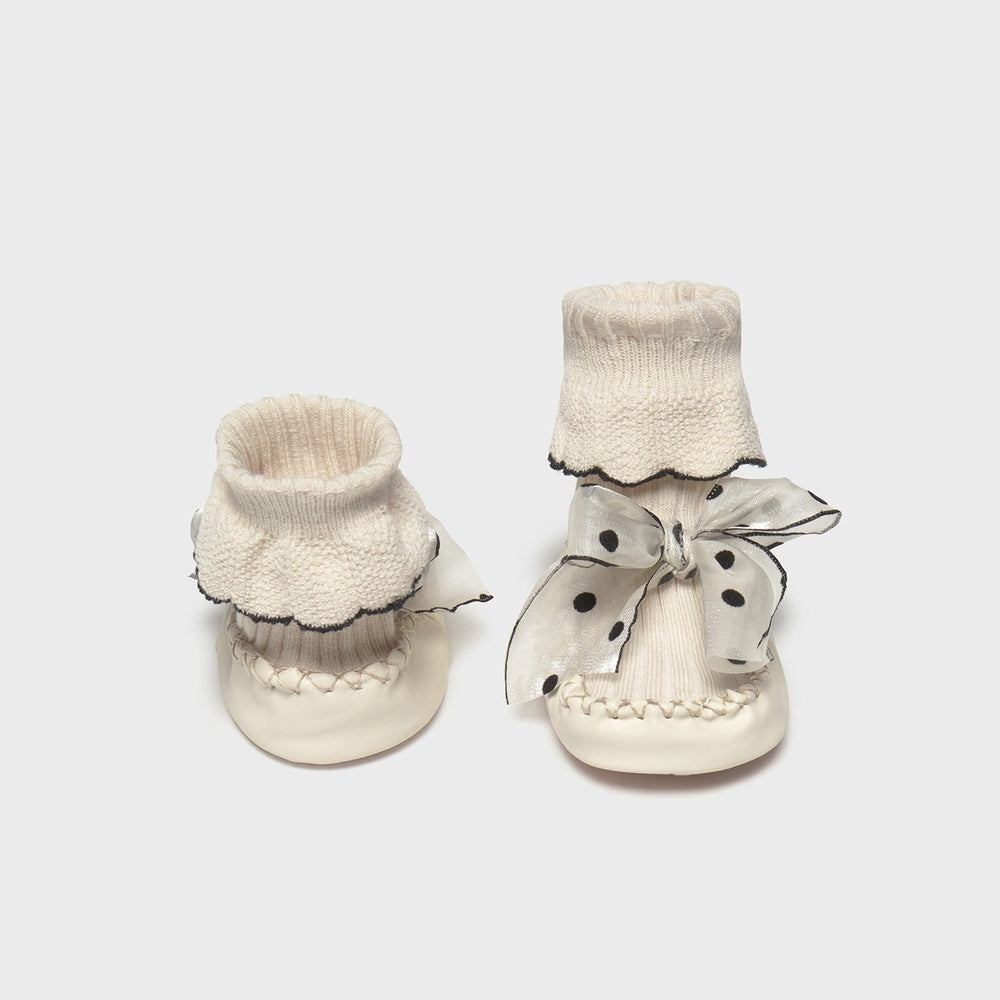 MAYORAL Newborn Bow Shoes Cream: cream knit booties with a sheer polka-dot bow for tiny first steps.