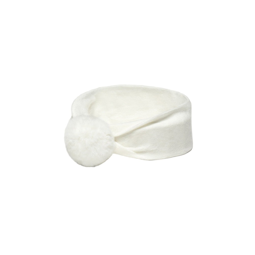 Mayoral Newborn Headpiece And Socks Set Natural white headband with fluffy pom-pom laid flat