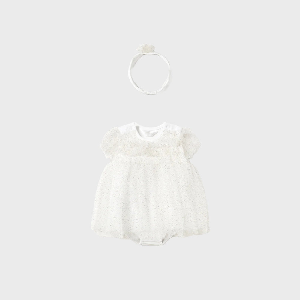 Mayoral Newborn Tulle Romper With Headband Champagne
