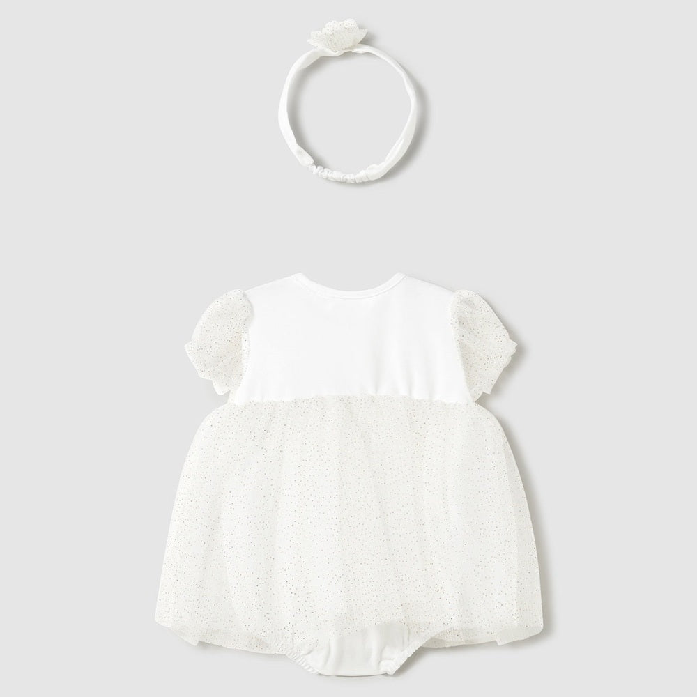 Mayoral newborn tulle romper with headband champagne; white puff-sleeve romper with dotted tulle and matching lace headband, laid flat.