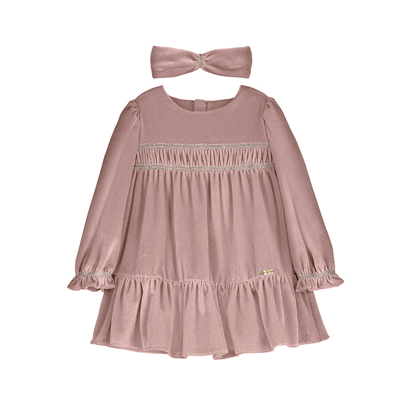 Mayoral Velvet Dress Set Crystal: dusty pink velvet baby dress with long sleeves, smocked waist, and matching headband