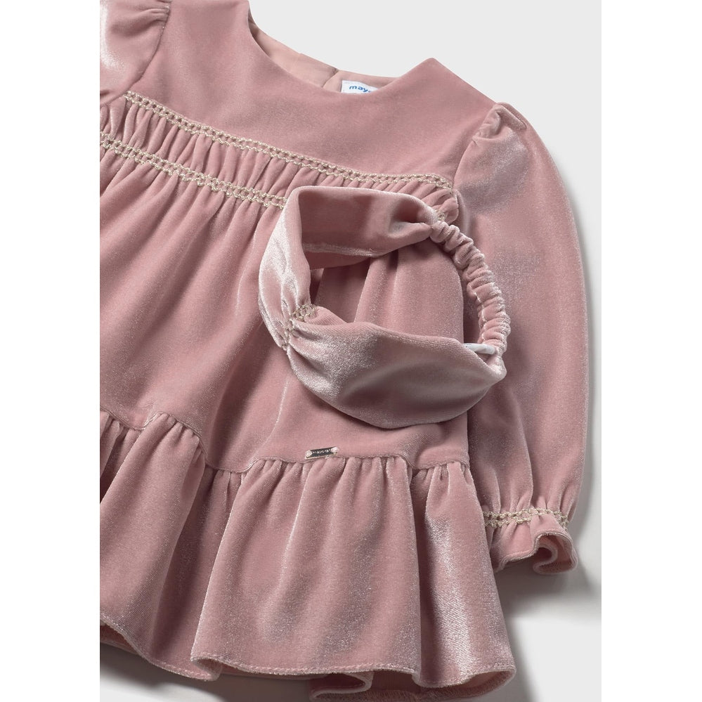 MAYORAL Velvet Dress Set Crystal, pink velvet baby dress with puff sleeves, crystal trim at the yoke and a ruffled hem.