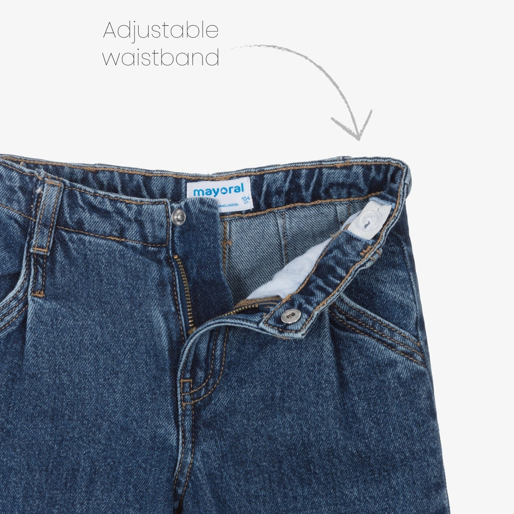 Mayoral Wide Leg Denim Pants with adjustable waistband, shown in blue denim on a toddler pair.
