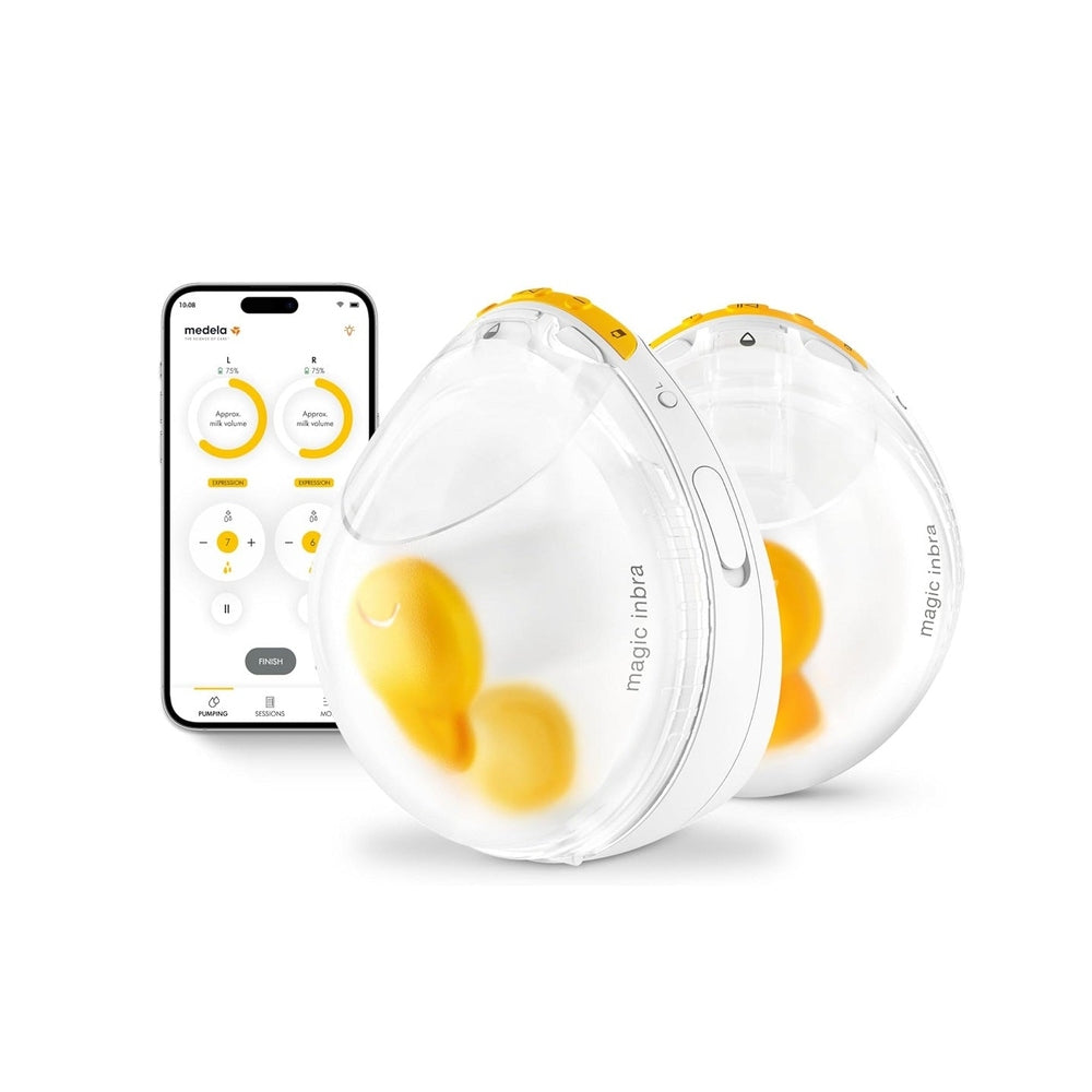 Medela Magic InBra Wearable Breast Pump, white with yellow accents, two units, controlled via MEDELA app on smartphone.