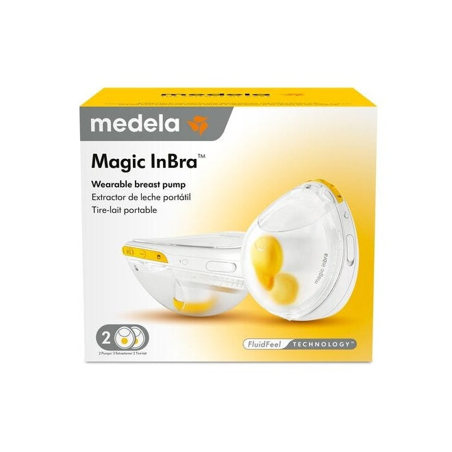 Medela Magic InBra Wearable Breast Pump—yellow/white box showing a hands-free, dual electric pump for portability.