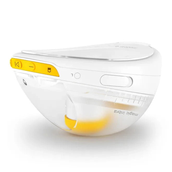 Medela Magic InBra Wearable Breast Pump, white with yellow controls, compact hands-free double electric pump.