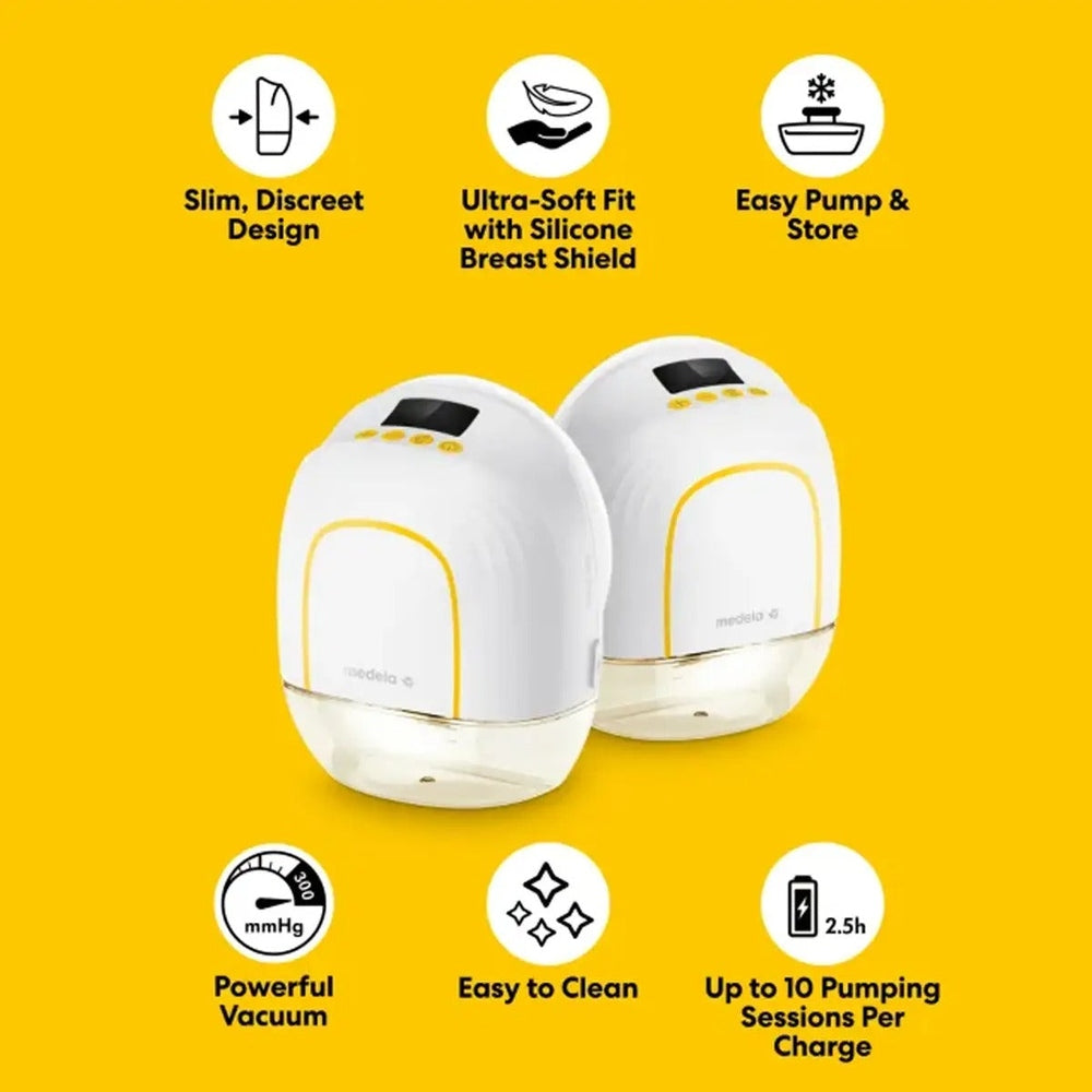 Medela Melody InBra Double Electric Breast Pump, white with yellow trim, two units ready for hands-free pumping.