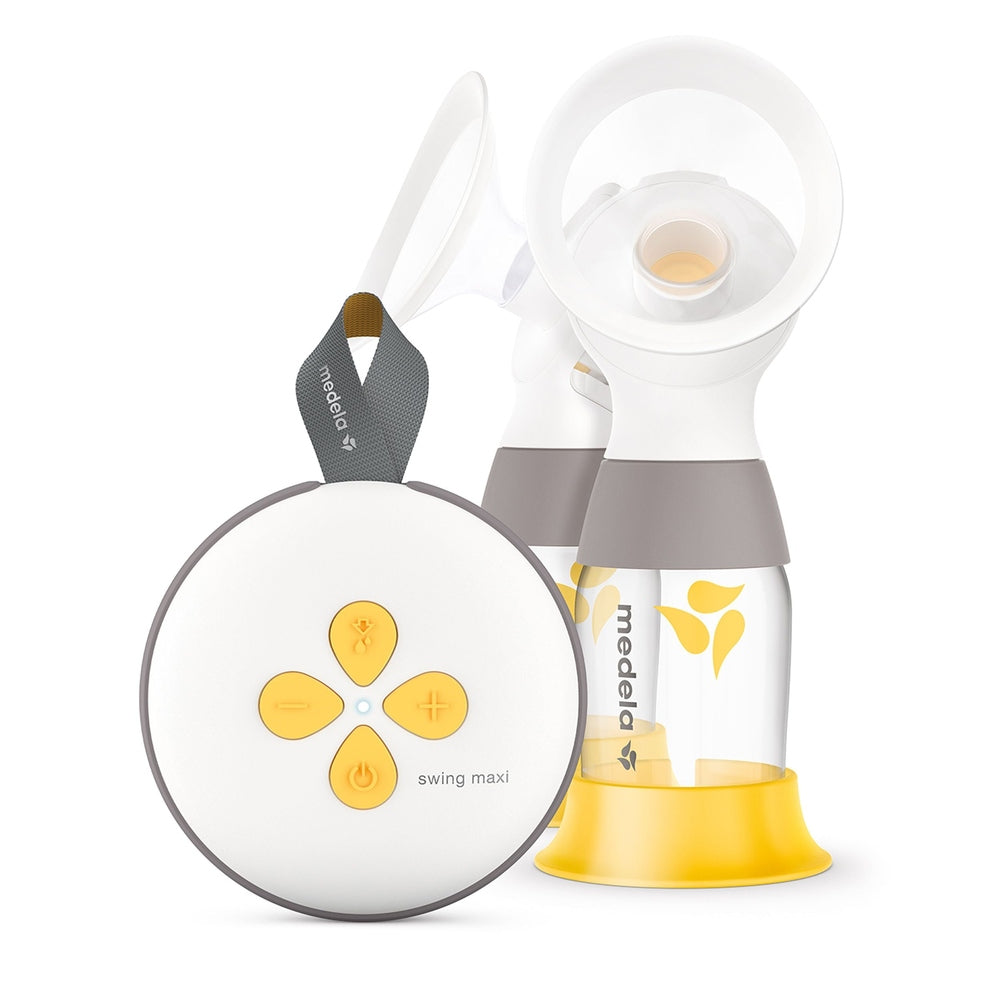 Medela Swing Maxi double electric breast pump with two bottles and yellow accents