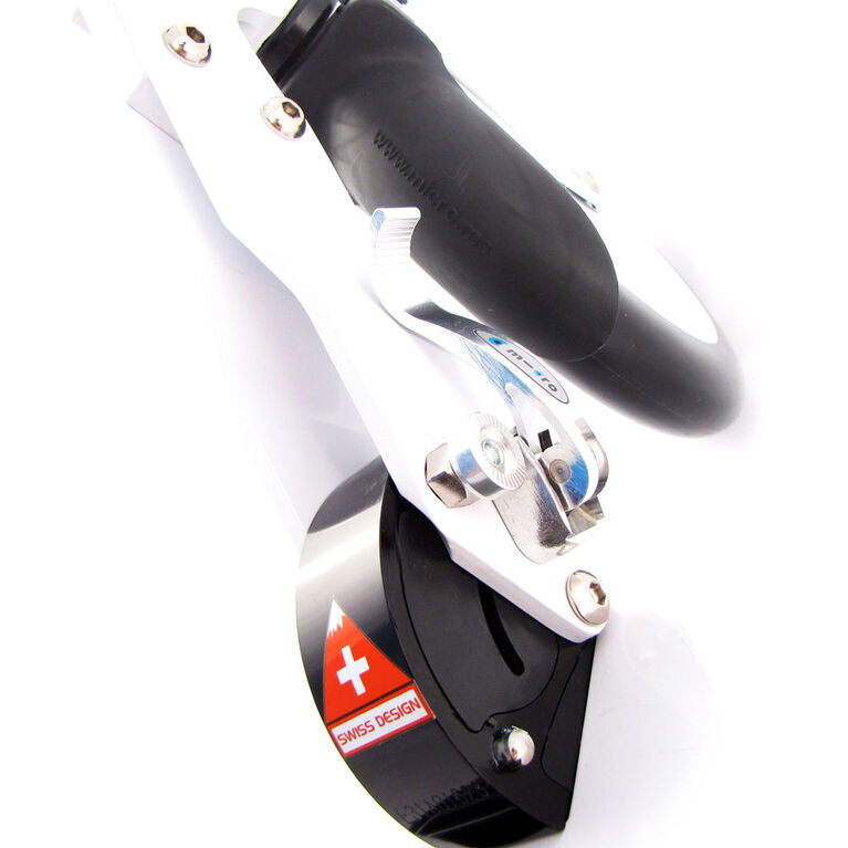 Micro Classic White Scooter MICRO brand; white frame, black handle grip, silver brake clamp.