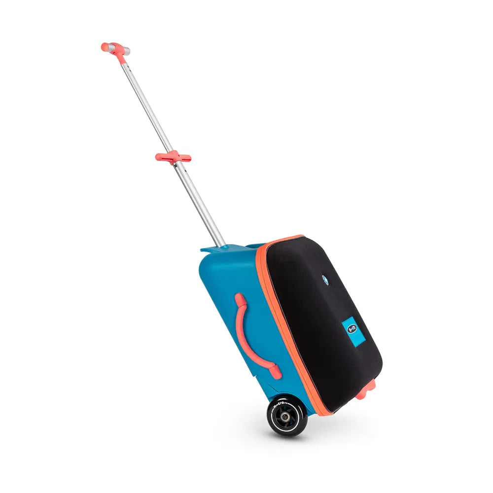 Micro Eazy Luggage blue suitcase with orange trim, extended handle propping it for rolling on two wheels.