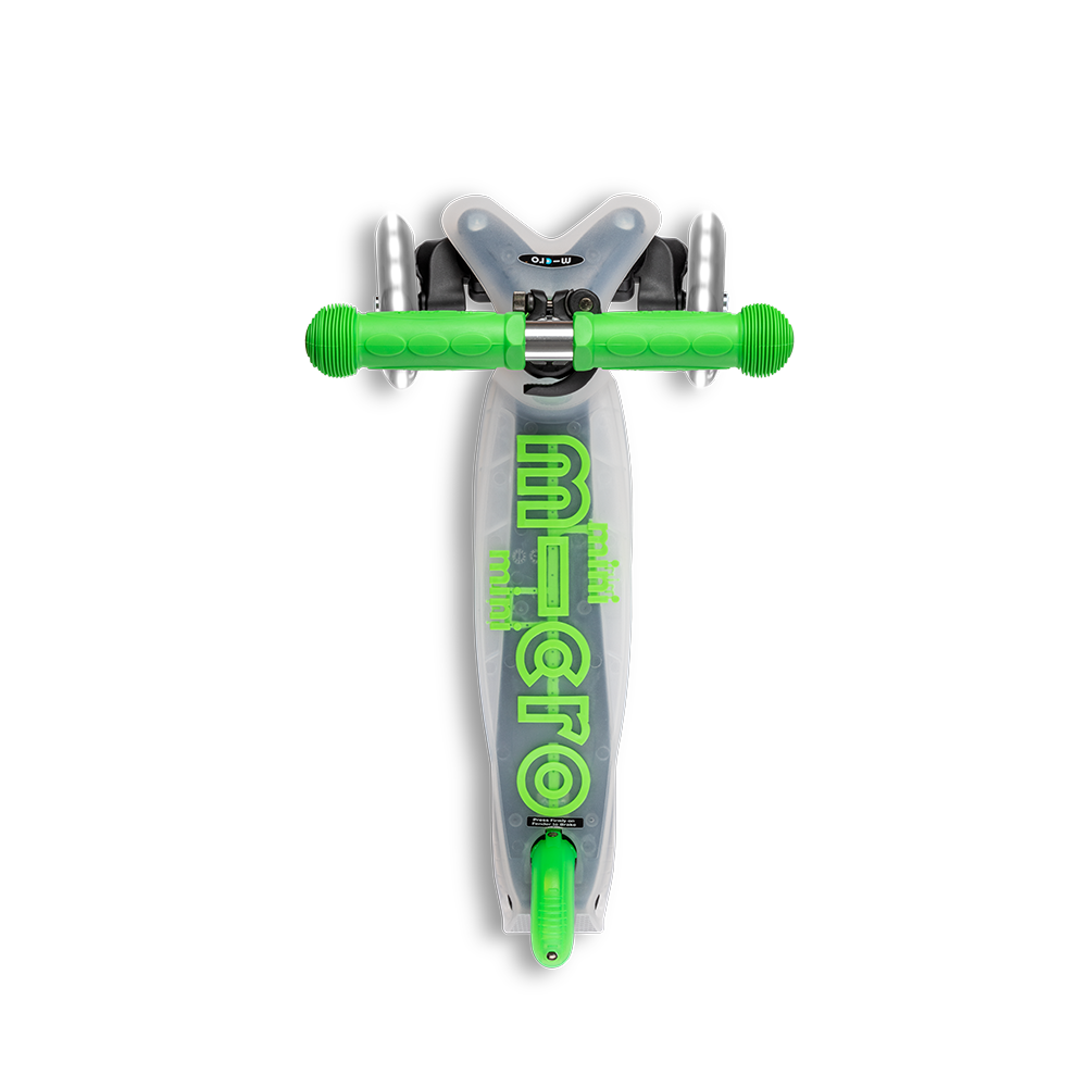 Micro Mini Deluxe Flux LED scooter with lime-green grips and translucent deck