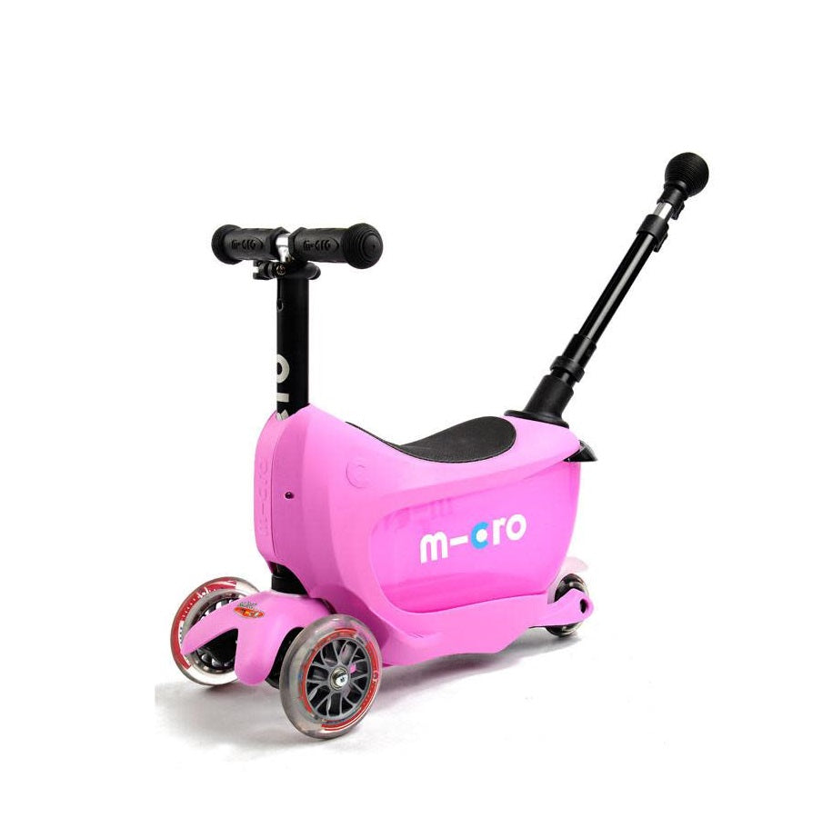 Micro Mini2Go Deluxe Plus pink kids scooter with push handle and three-wheel design