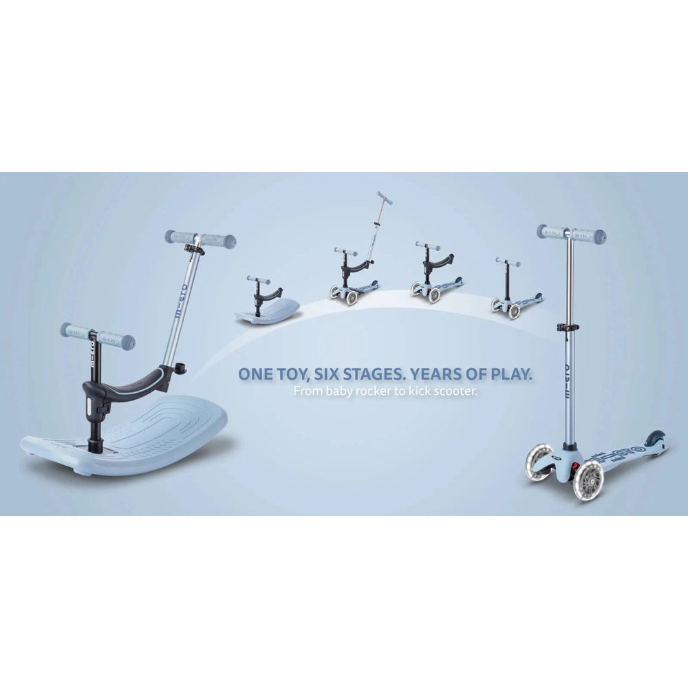 Micro Rock & Go Led Scooter in light blue; grows from baby rocker to kick scooter with adjustable handlebars.