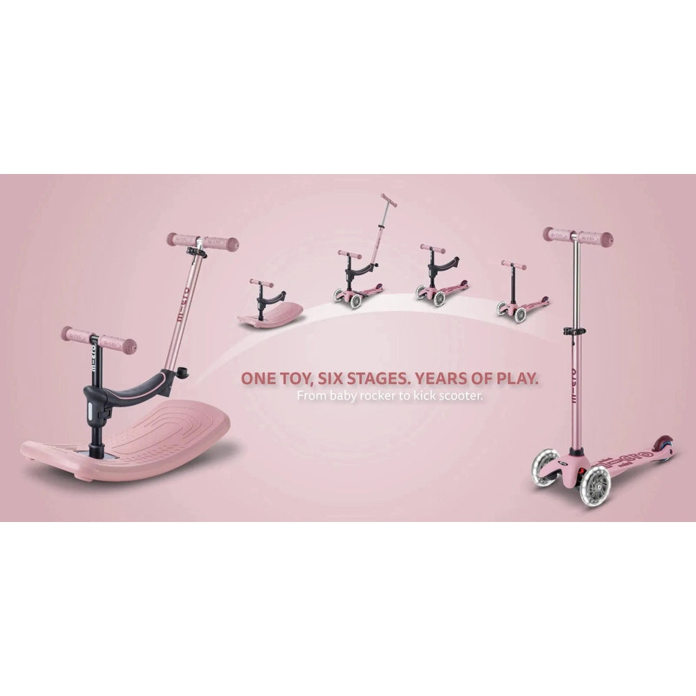 Micro Rock & Go LED Scooter by MICRO in pink, shown in stages from baby rocker to kick scooter.