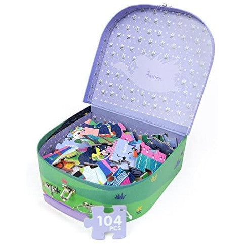 MIDEER Dinosaur Age Puzzle in green tin with purple lid, 104-piece kids puzzle