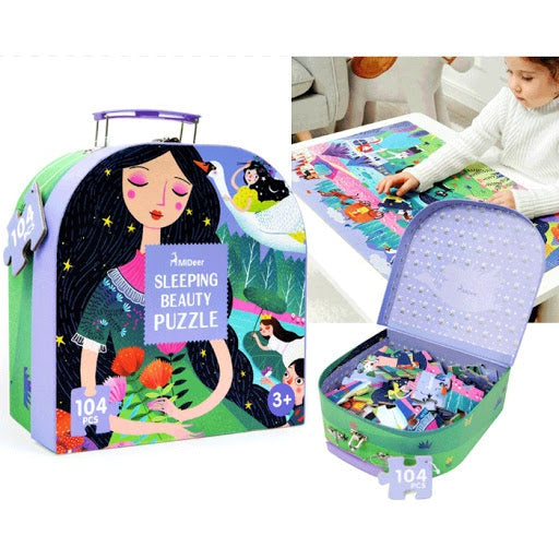 MIDEER Sleeping Beauty 104-piece gift box puzzle; colorful illustrated kids' puzzle in purple-green box