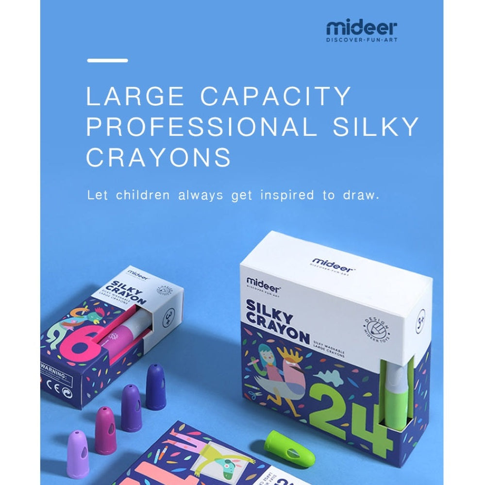 Mideer Silky Crayon 24 Colors set; two boxes with vibrant color caps for kids' drawing