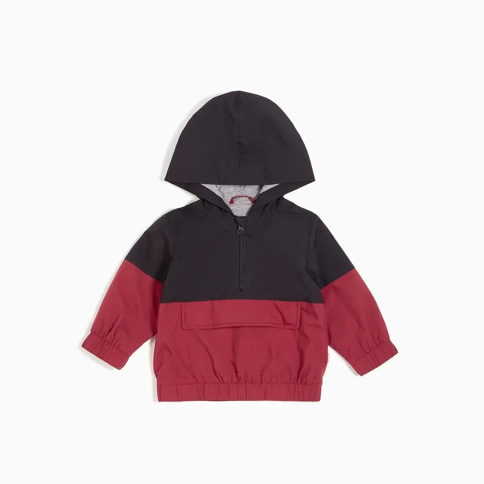Miles Baby Arcade Game Windbreaker Jacket in black/red color block, hooded with zipper and front pouch, laid flat