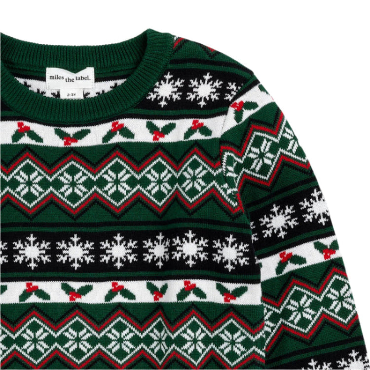 Miles The Label Cool Yule Fair Isle Jacquard Sweater in green, displaying white snowflakes and red accents.