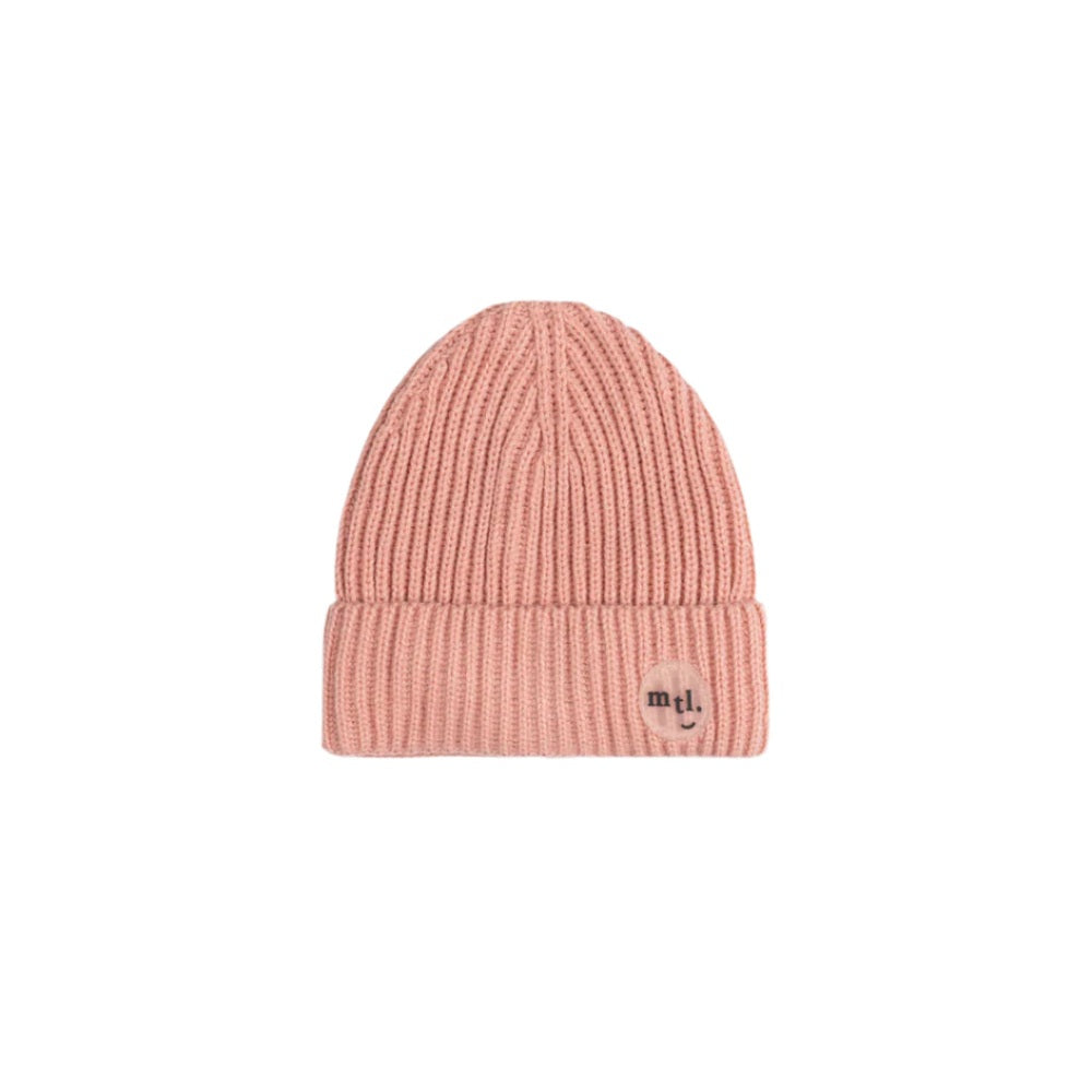 Miles The Label Ribbed Winter Beanie Rose for babies, soft pink knit with folded cuff and logo patch.