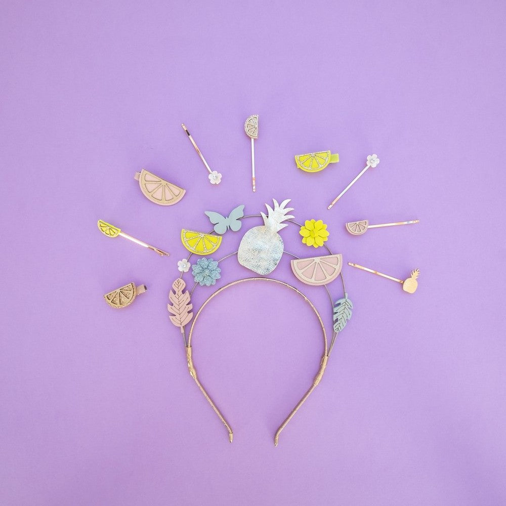 Mimi & Lula Citrus Slice Clips headband with pastel gold lemon slices, flowers and fruit shapes