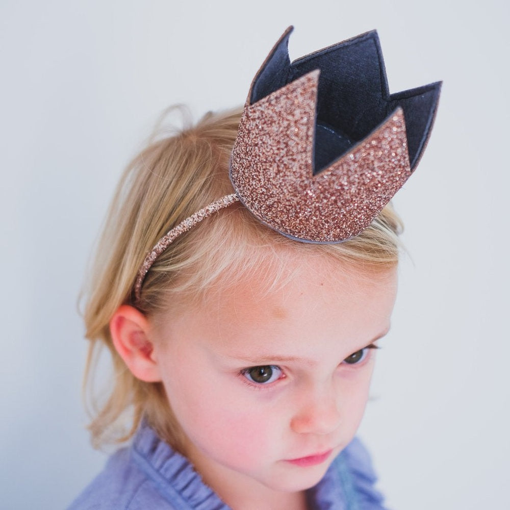 Mimi & Lula Alice Gold glitter crown for kids; rose-gold glitter with navy lining headband