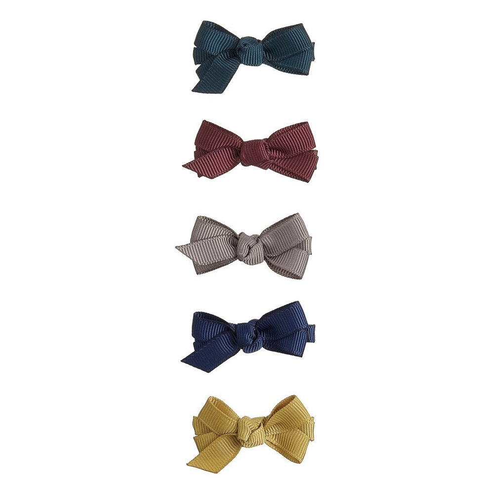 Mimi & Lula Mini Florence bow clips set of 5 in teal, burgundy, taupe, navy, and mustard.