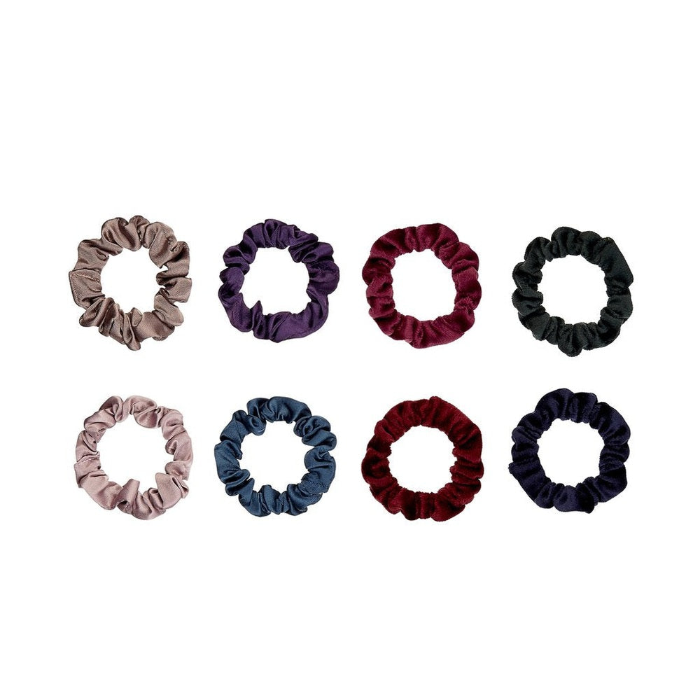 Mimi & Lula velvet mini scrunchie pack featuring eight autumn-colored scrunchies for gentle, stylish hair.