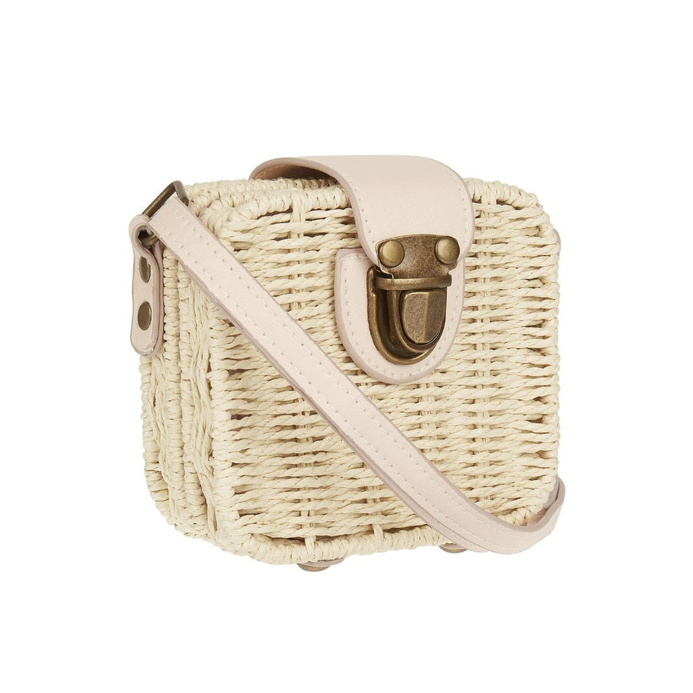 Mimi & Lula mini wicker basket crossbody bag featuring pink leather strap and brass clasp