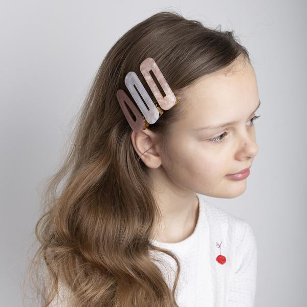 Mimi & Lula Shimmer Resin Clips; pink translucent hair barrettes (set of 2) worn in hair.