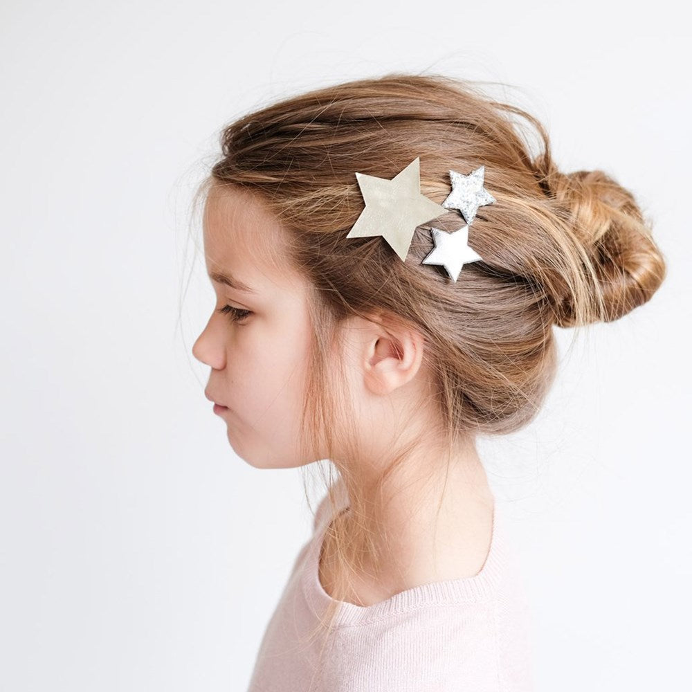Mimi & Lula Arctic Superstar hair clip pack; three star clips in silver, cream, white for kids