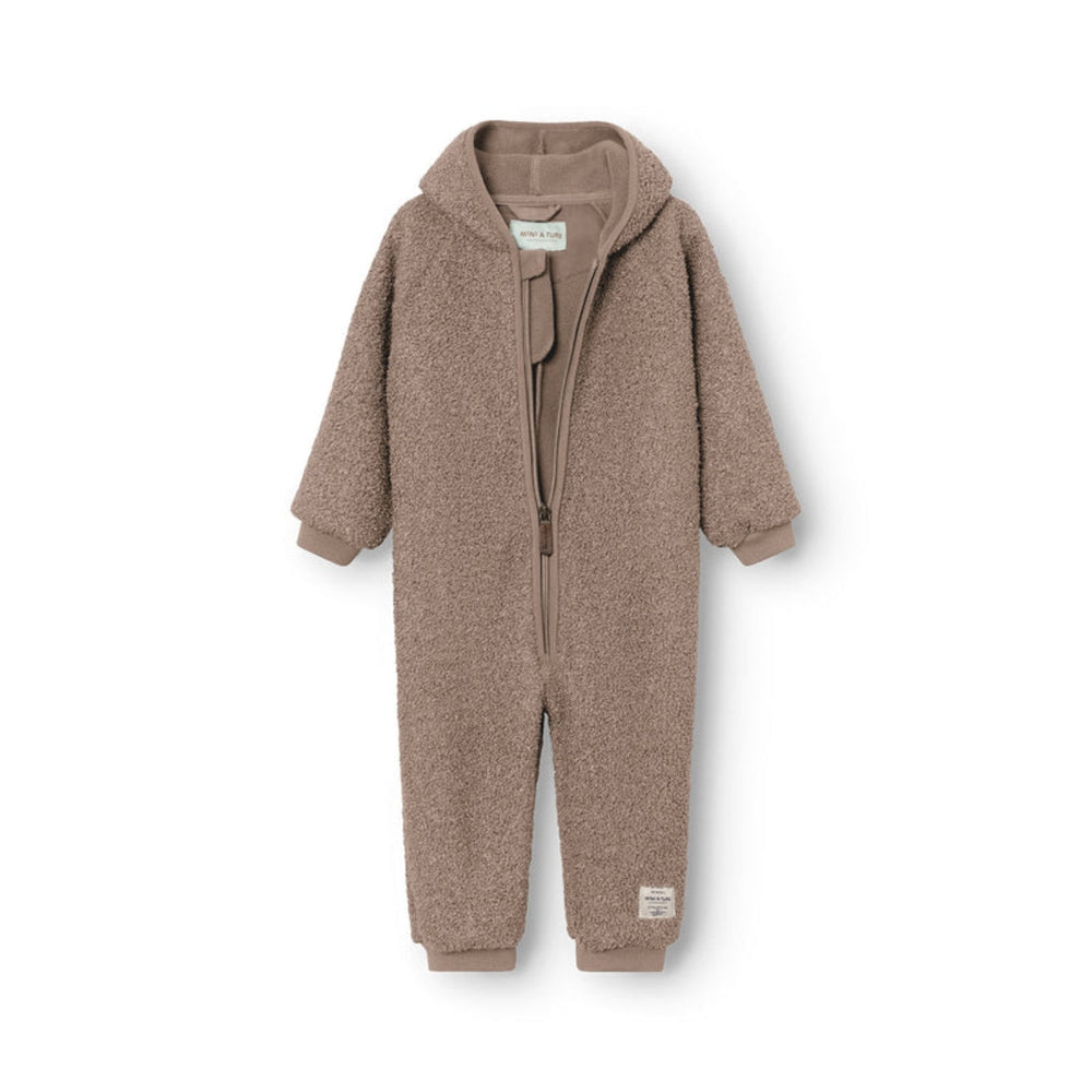 MINI A TURE Matadel teddy fleece jumpsuit in taupe brown, cozy baby outerwear