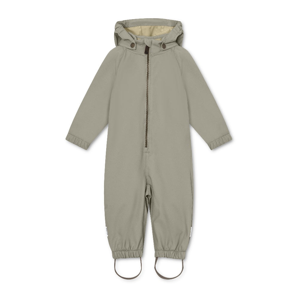 MINI A TURE Matarno Spring Softshell Suit Vert Gris laid flat with hood and full zipper, plus foot stirrups