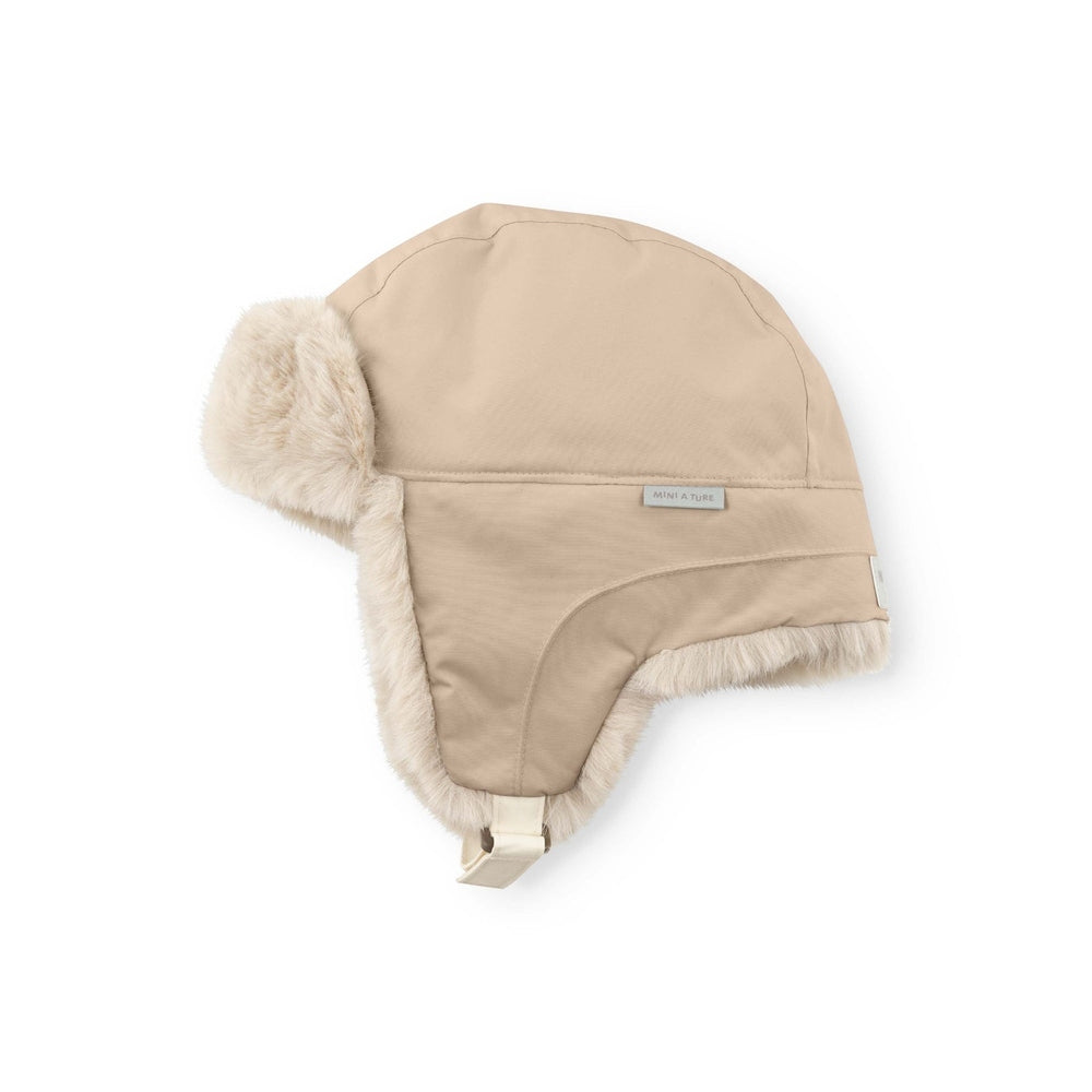 Hat Mini A Ture Matcrister teddy-lined winter hat in Savannah tan with ear flaps and faux fur trim