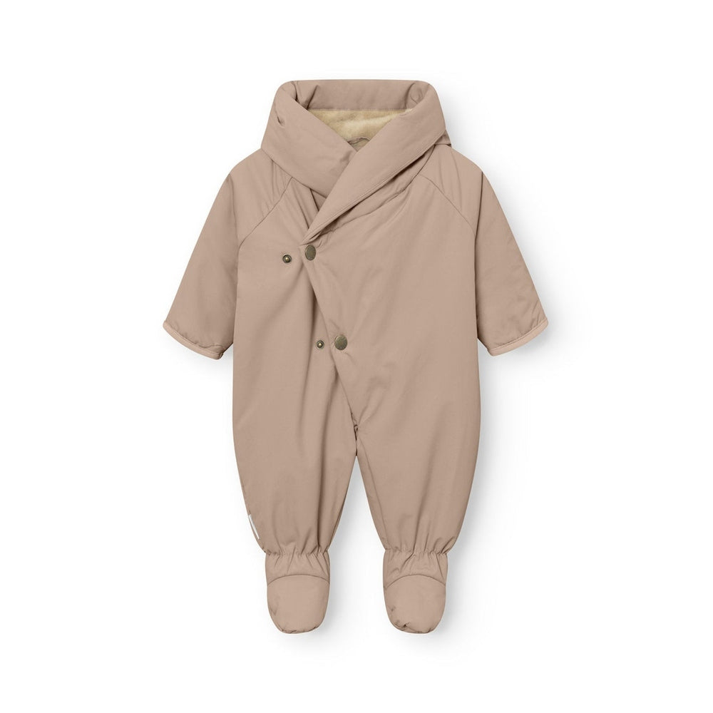Mini A Ture Matfianna fleece‑lined winter pramsuit romper, savannah tan, cozy baby outerwear