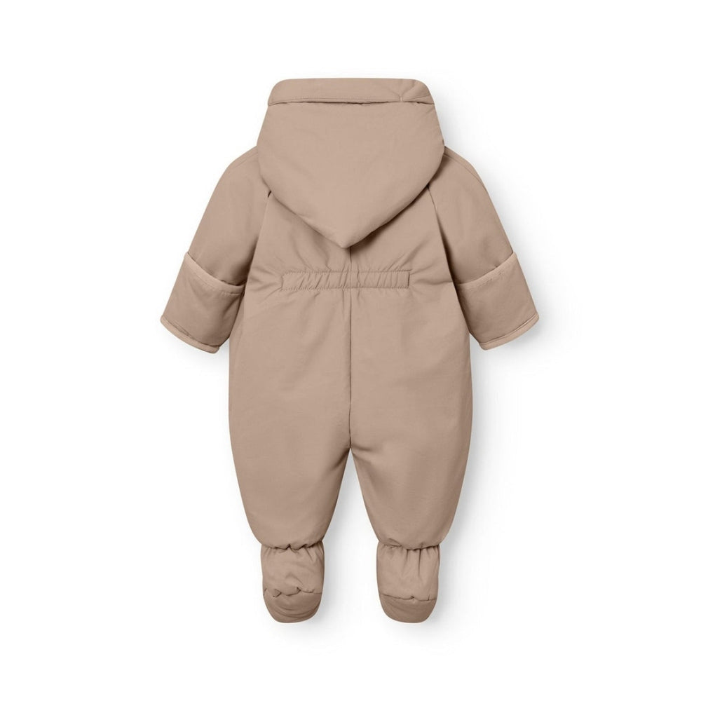 MINI A TURE Matfianna fleece-lined winter pramsuit in Savannah tan; baby footed romper with hood