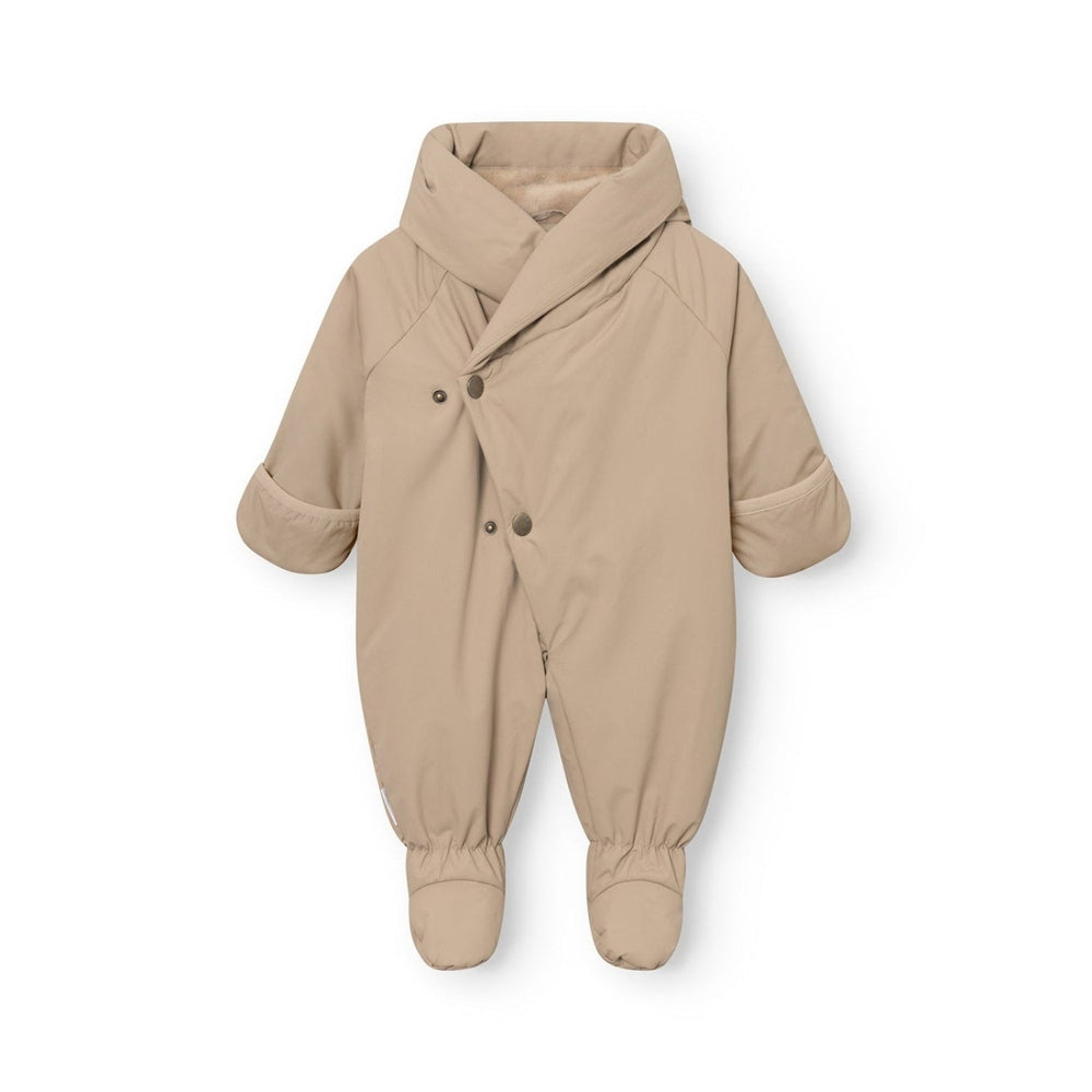 MINI A TURE Matfianna fleece-lined tan pramsuit romper for babies, warm outerwear.