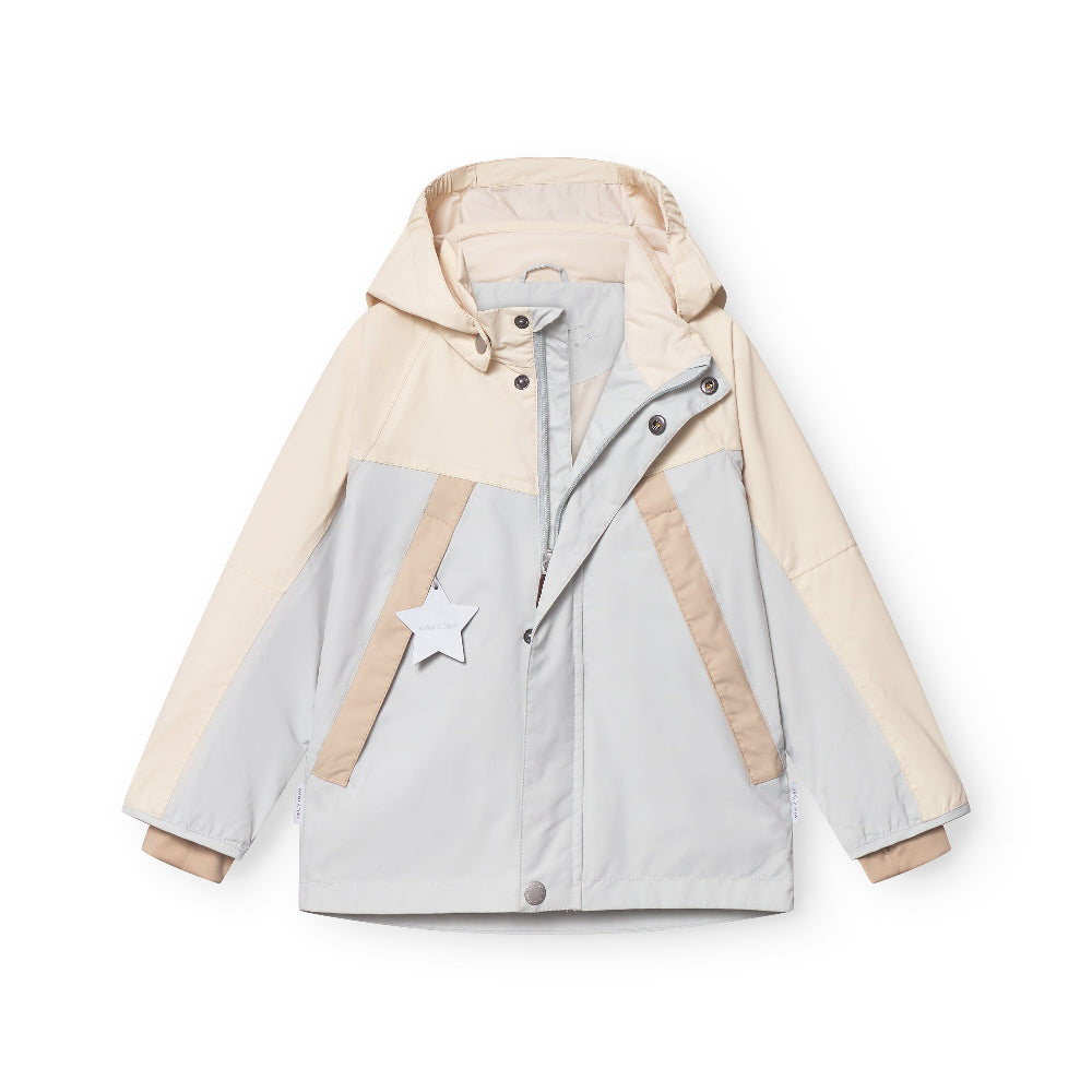 MINI A TURE Matvalon spring jacket in blue-gray with beige panels; hooded toddler outerwear shown with front zipper