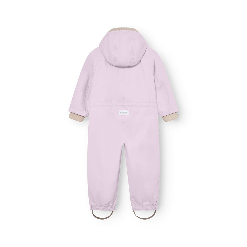 MINI A TURE Matwisto fleece-lined spring coverall in lilac, back view with hood and beige rib cuffs.