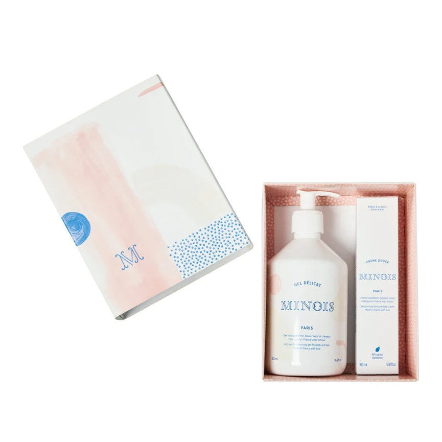 Minois Paris Essentials Gift Box with pastel pink packaging; includes Gel Delicat bottle and matching carton