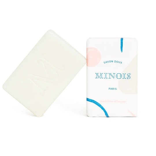 Minois Paris Gentle Soap 2-item set with bar and wrapped box; pastel packaging with blue accents