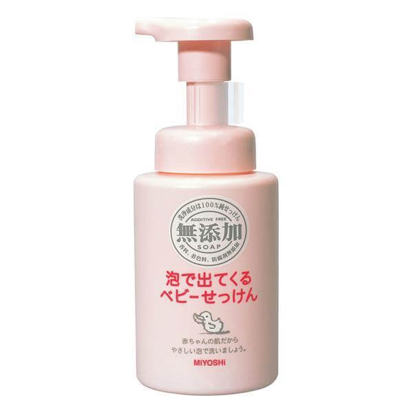 Miyoshi Baby Foaming Wash additive-free pump bottle, pink plastic, 250 ml