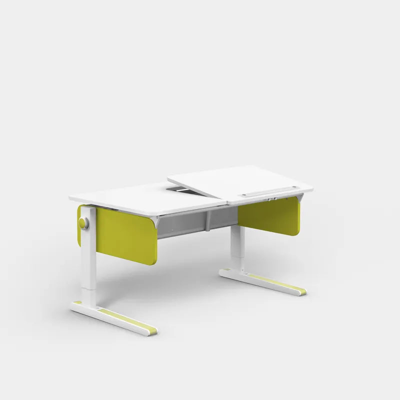 Moll Champion Height Adjustable Desk Right Up, white with lime-green side panels, showing the height-adjust mechanism.