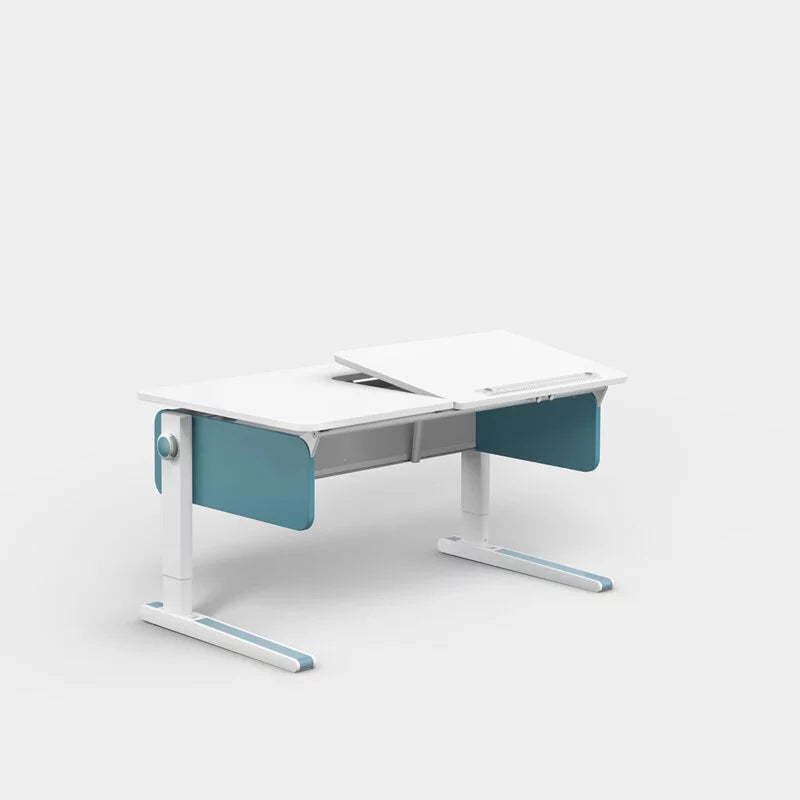 MOLL Champion Height Adjustable Desk Right Up, white frame with blue panels, shown raising the work surface.