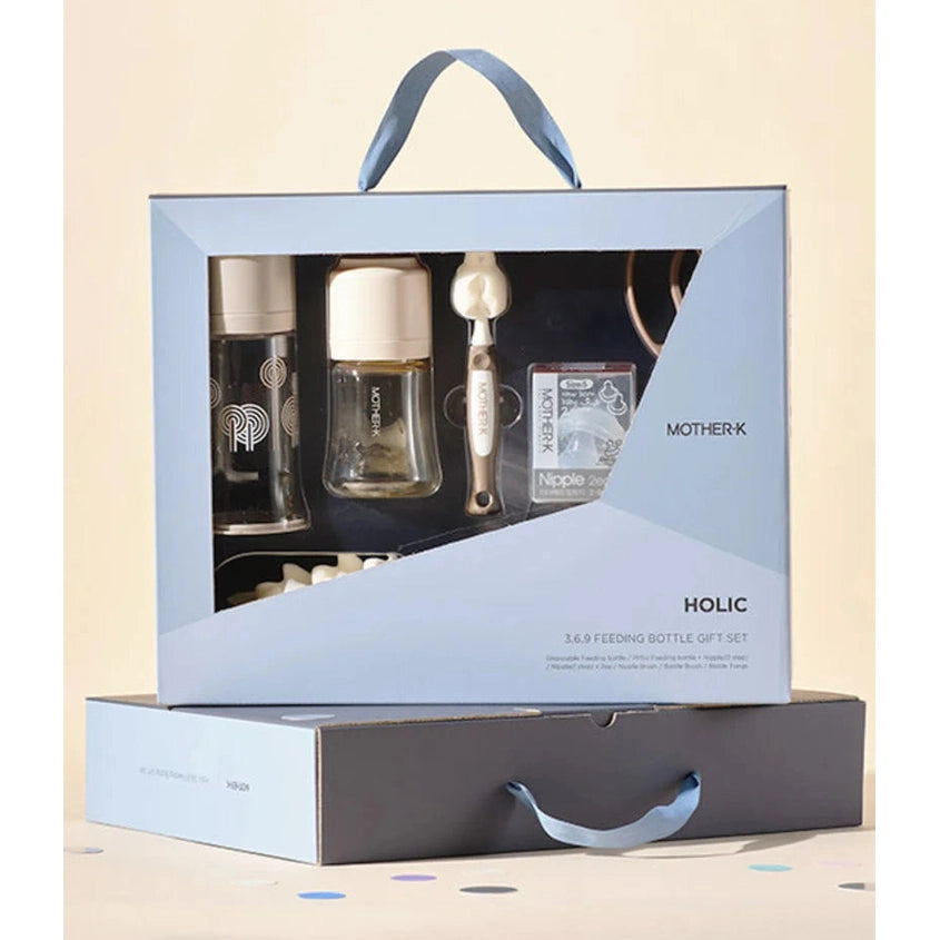 Mother-K Holic 3.6.9 feeding bottle gift set in light blue box with bottles and nipple; 4 pcs