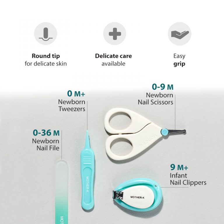 Mother-K 4-piece newborn nail care set in blue and white; includes nail file, tweezers, nail scissors, infant nail clippers