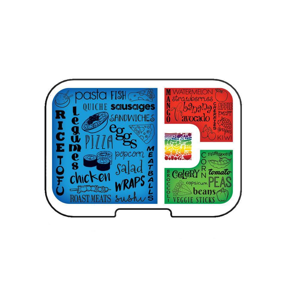 MUNCHBOX Mini 4 Artwork Tray lunch box with blue, red and green panels and playful word-art design