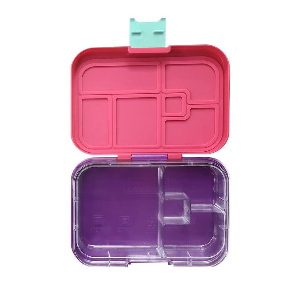 MUNCHBOX Mini 4 Berry Blitz lunch box with pink lid and purple base, four-compartment tray